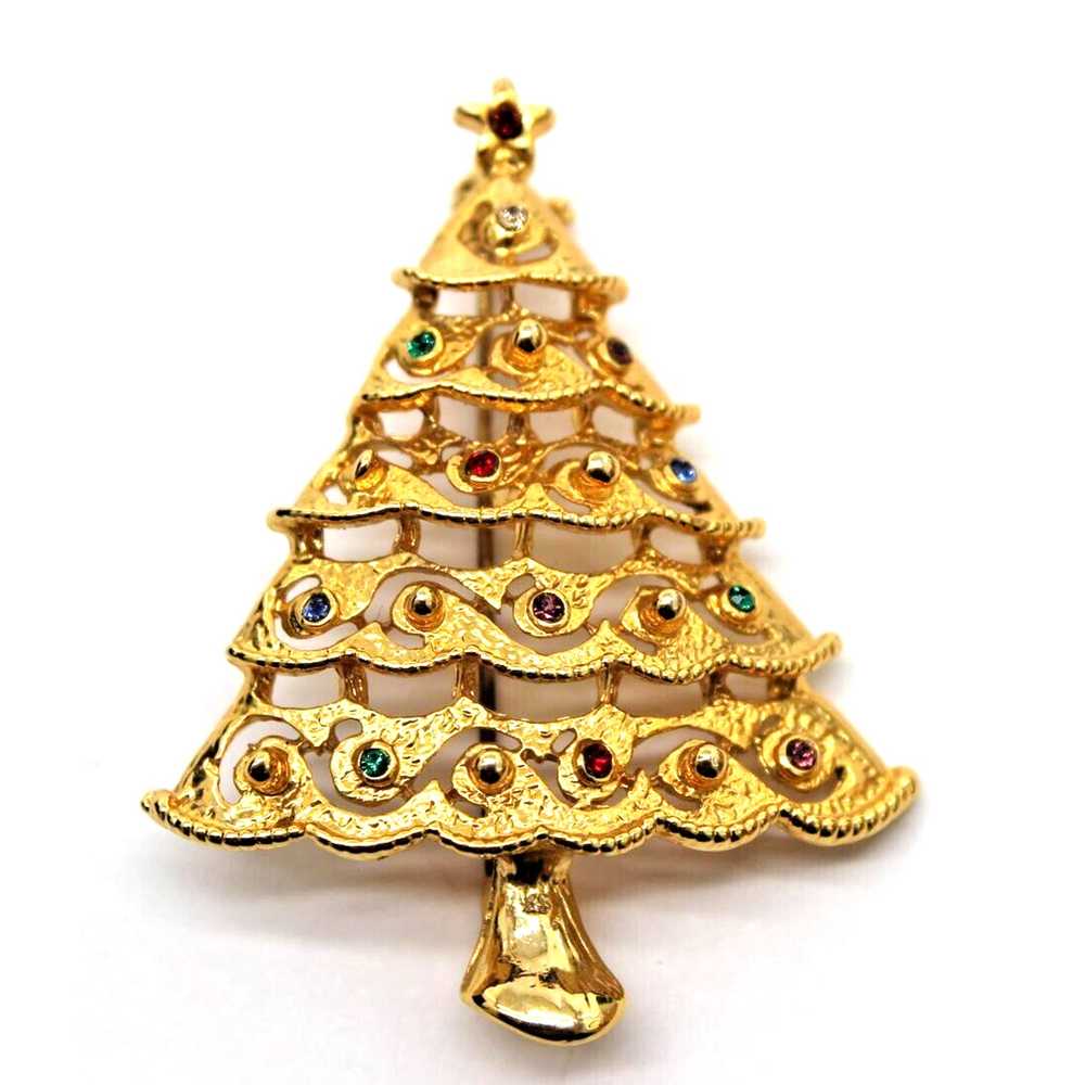 Other Christmas Tree Brooch Gold Tone Multi Color… - image 1