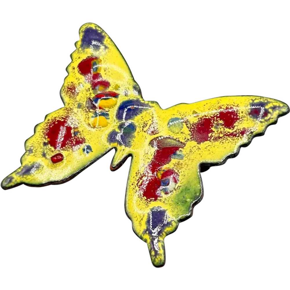 Vintage 70s Butterfly Brooch Enamel Over Copper H… - image 1