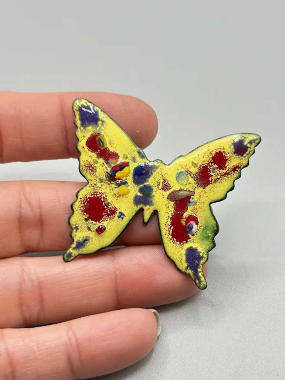 Vintage 70s Butterfly Brooch Enamel Over Copper H… - image 2