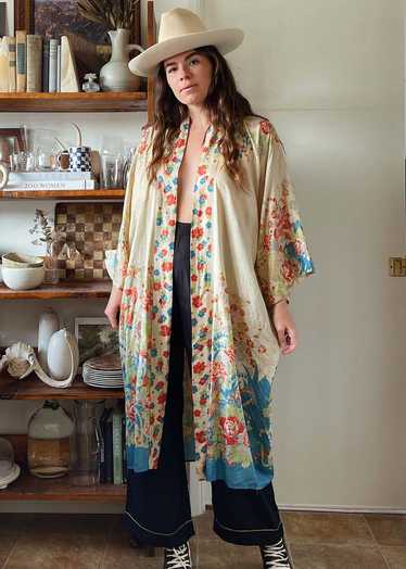 1920s Silk Pongee Kimono - Tan Bright Floral