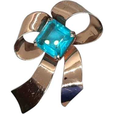 Vintage Bow Brooch with Large Square Aqua Blue Sto