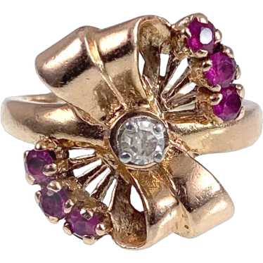 Vintage Retro 14K, Diamond & Ruby Bow Ring - image 1