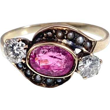 Antique 14K, Pink Tourmaline, Diamond & Seed Pearl