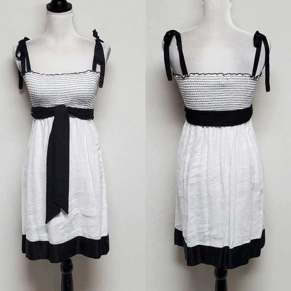 Vintage BEBE Black Silk White Linen Smocked Tie S… - image 1