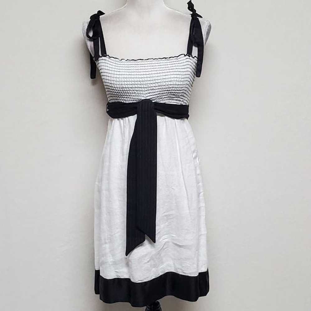 Vintage BEBE Black Silk White Linen Smocked Tie S… - image 2