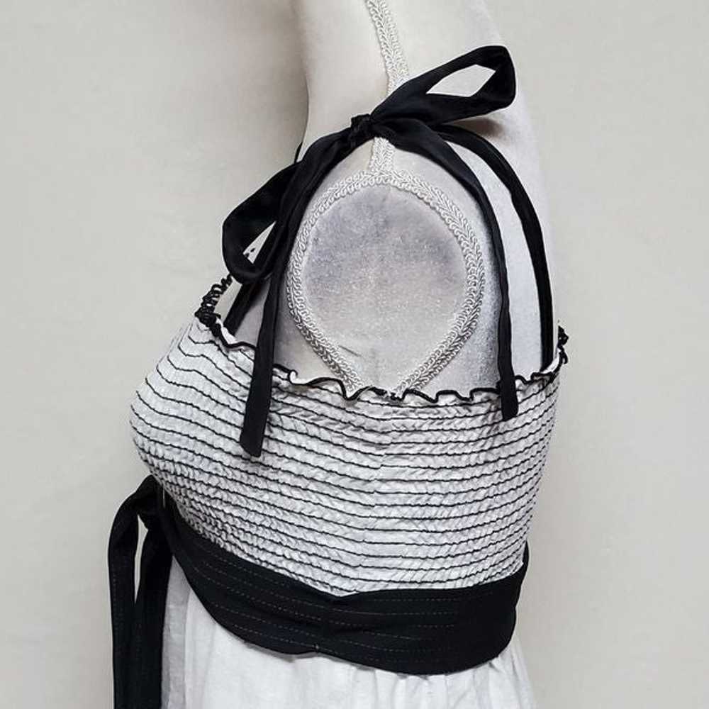 Vintage BEBE Black Silk White Linen Smocked Tie S… - image 7