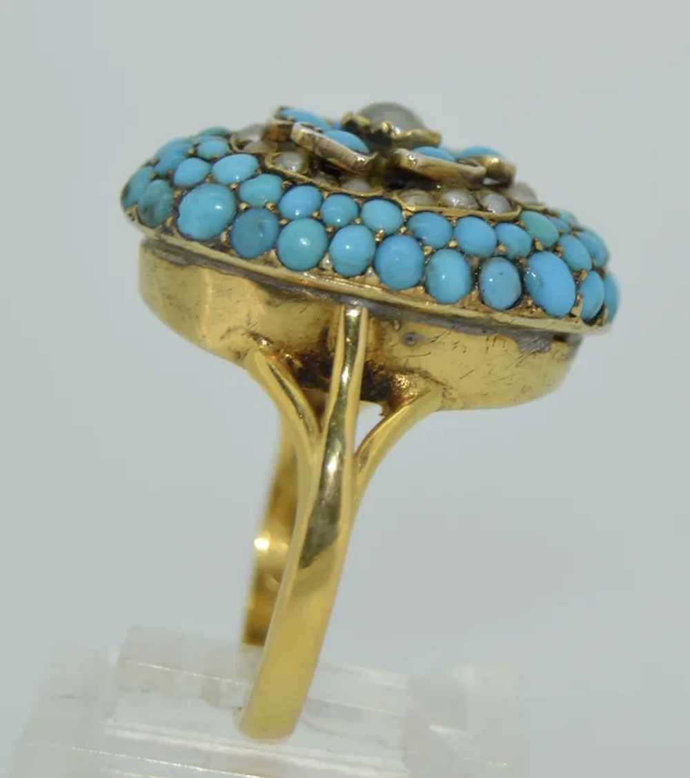 Unusual Victorian Pave Turquoise & Pearl Flower R… - image 11