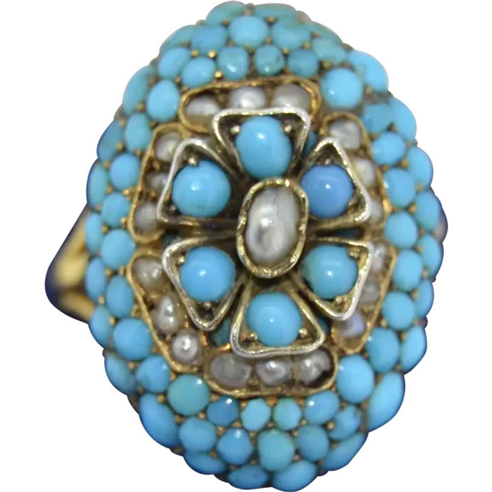 Unusual Victorian Pave Turquoise & Pearl Flower R… - image 1