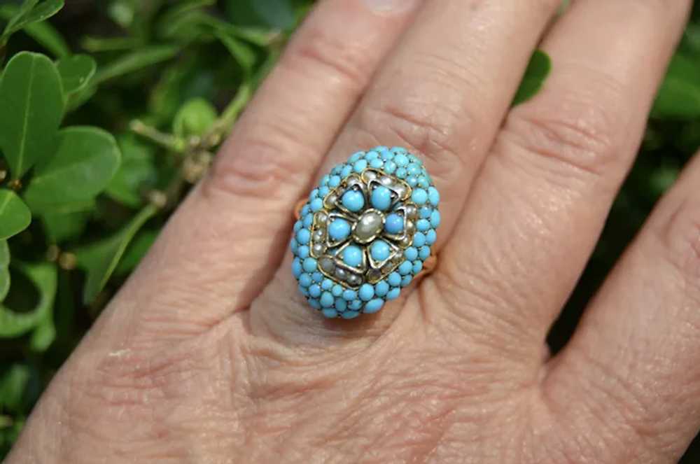 Unusual Victorian Pave Turquoise & Pearl Flower R… - image 2