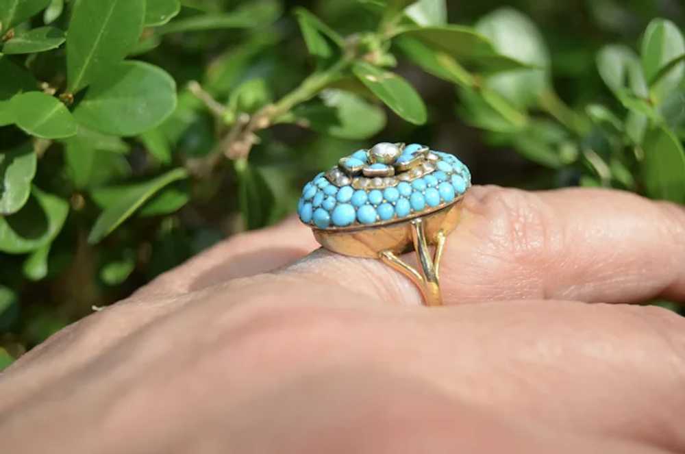 Unusual Victorian Pave Turquoise & Pearl Flower R… - image 3