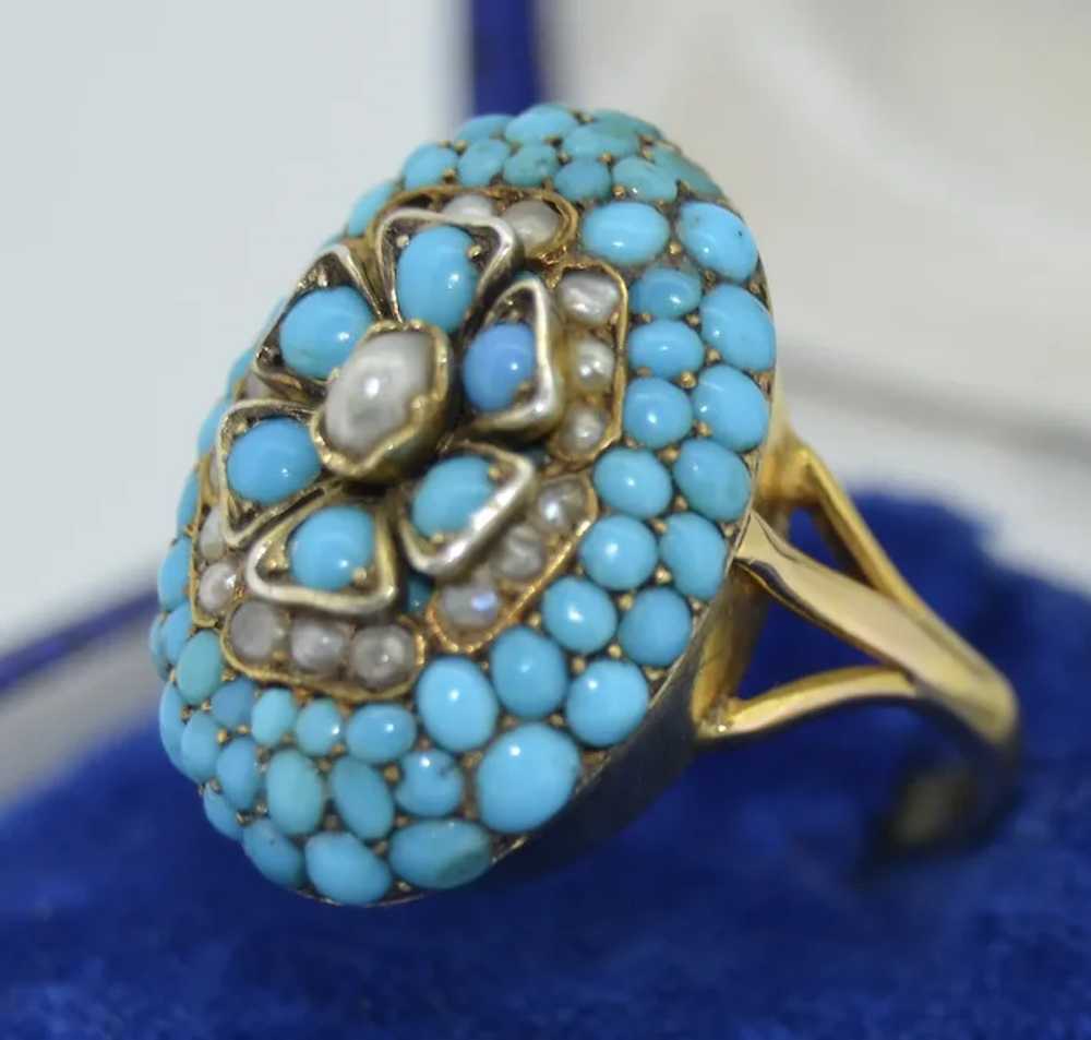 Unusual Victorian Pave Turquoise & Pearl Flower R… - image 4