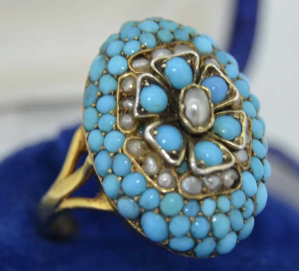 Unusual Victorian Pave Turquoise & Pearl Flower R… - image 6