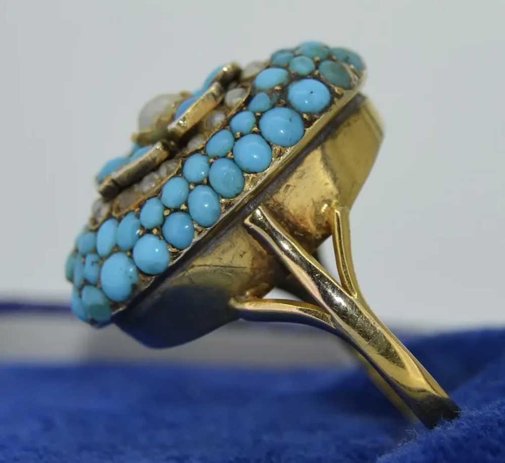 Unusual Victorian Pave Turquoise & Pearl Flower R… - image 7