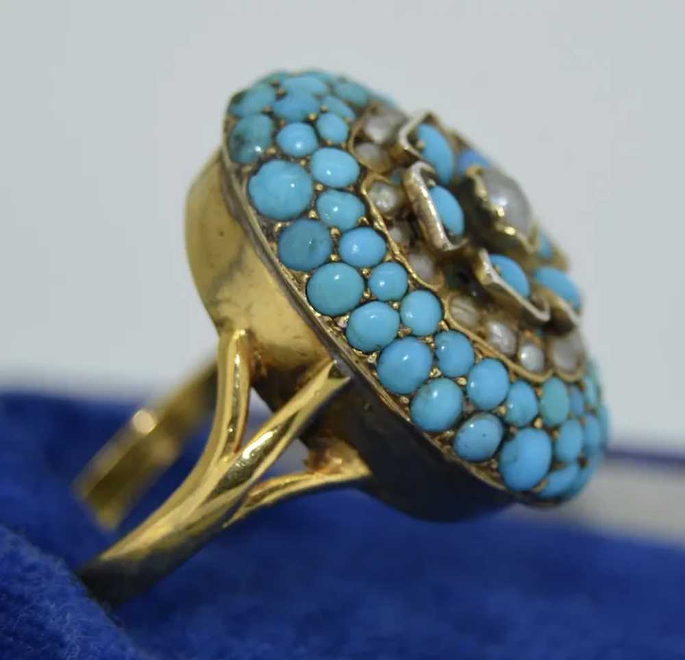 Unusual Victorian Pave Turquoise & Pearl Flower R… - image 8