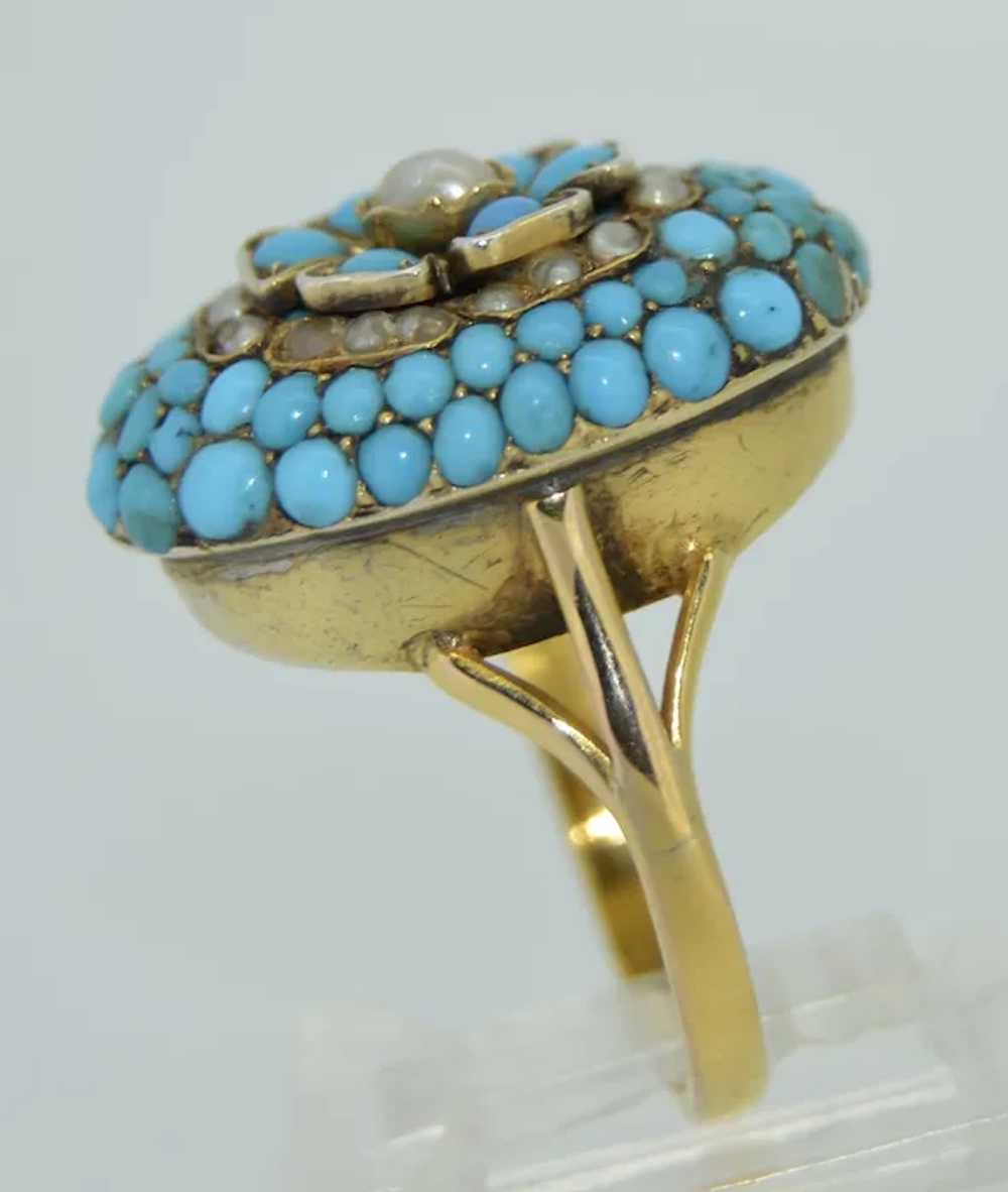 Unusual Victorian Pave Turquoise & Pearl Flower R… - image 9