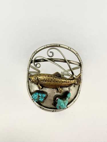 70s Sterling Silver & Turquoise Fish Cuff