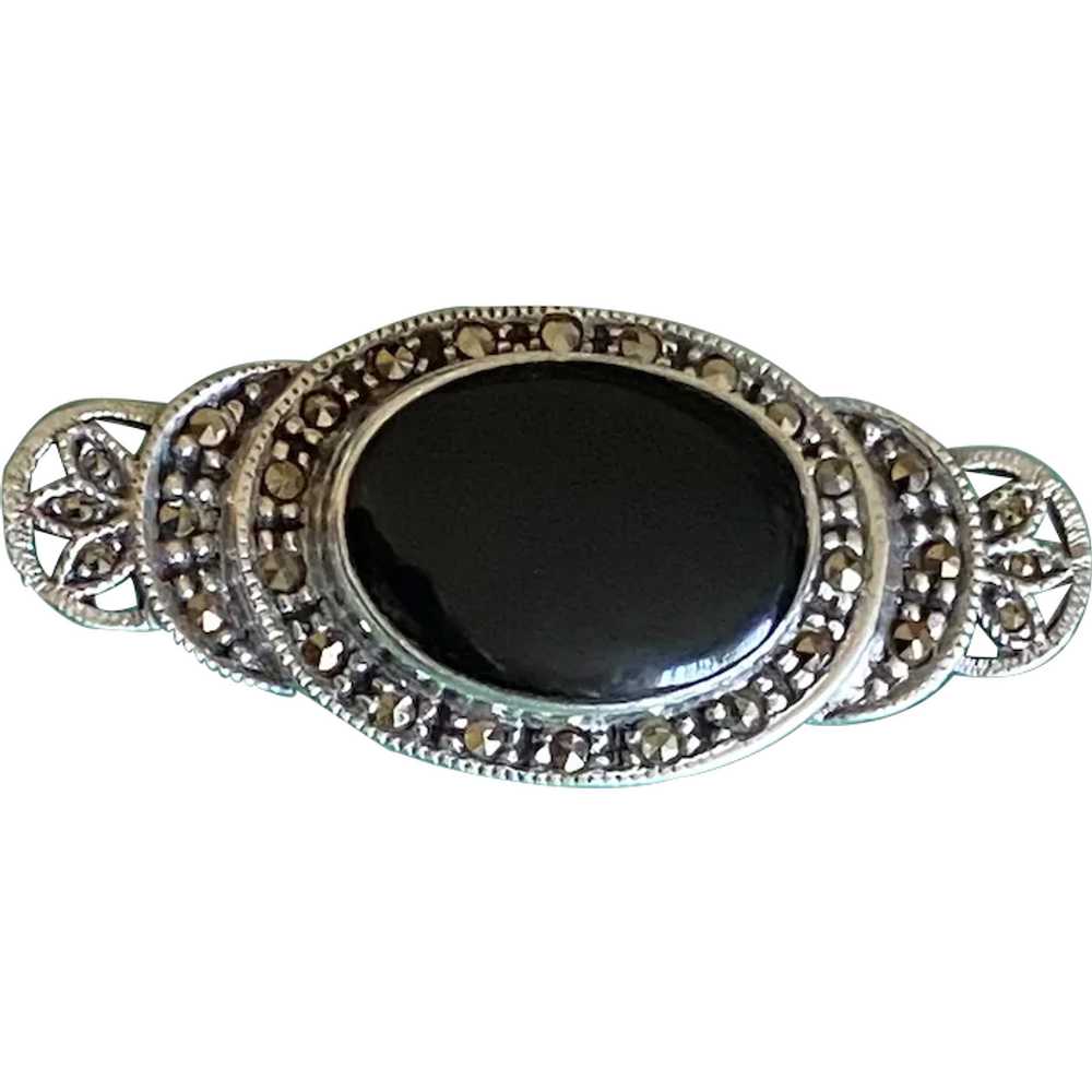 Vintage Sterling Silver Onyx & Marcasite Oval Art… - image 1