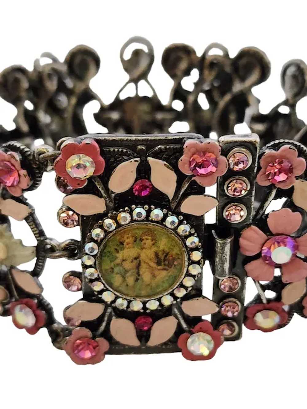 Vintage Signed MX Enamel Flower Cherub Bracelet (… - image 3