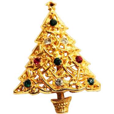 SHOWY Gold-Tone Metal Christmas Tree Pin Brooch w… - image 1