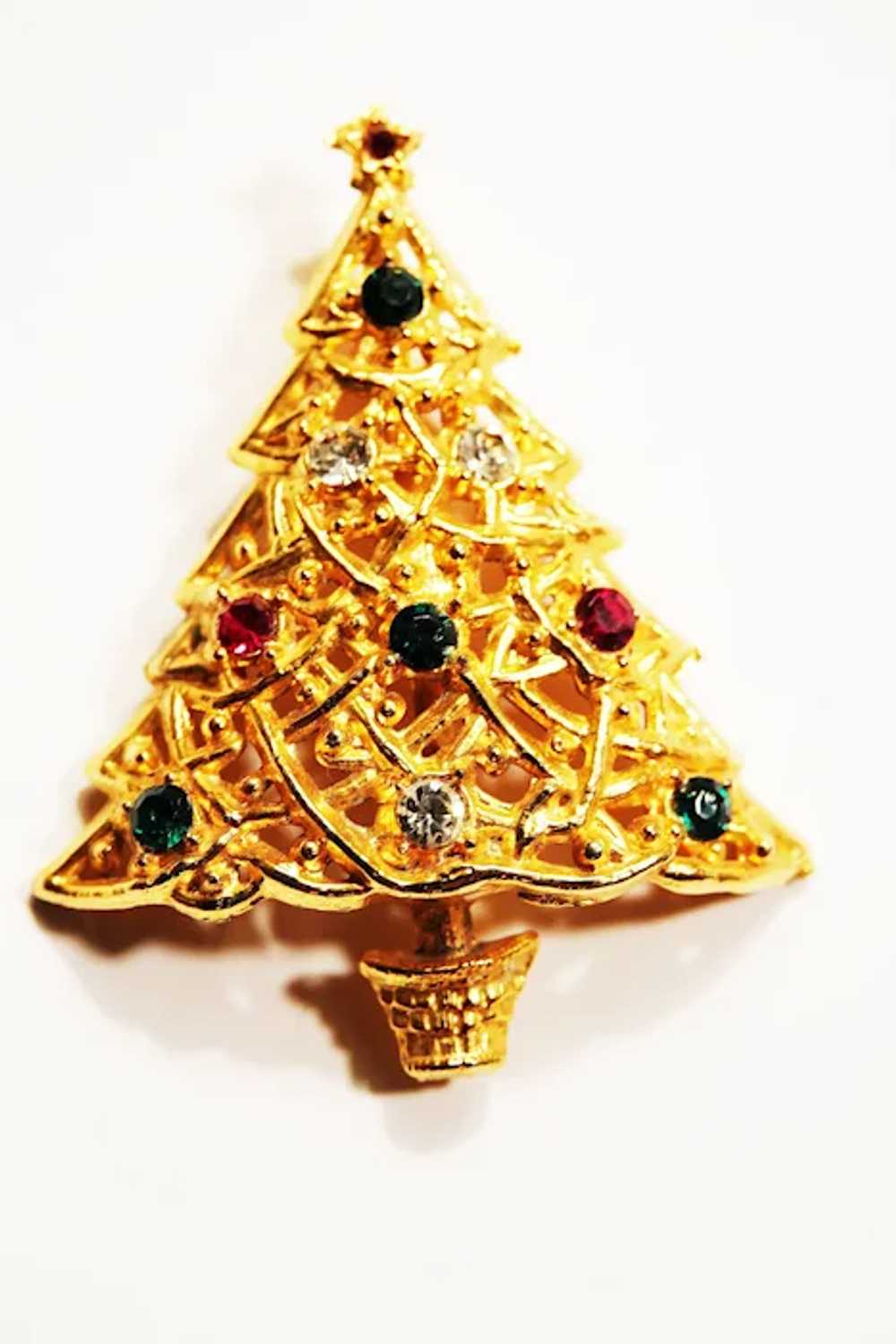 SHOWY Gold-Tone Metal Christmas Tree Pin Brooch w… - image 2