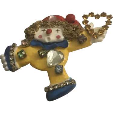 HAND PAINTED Celluloid Rhinestone Clown Brooch/Pin - image 1