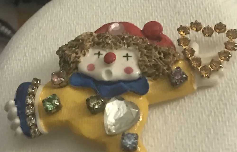 HAND PAINTED Celluloid Rhinestone Clown Brooch/Pin - image 2