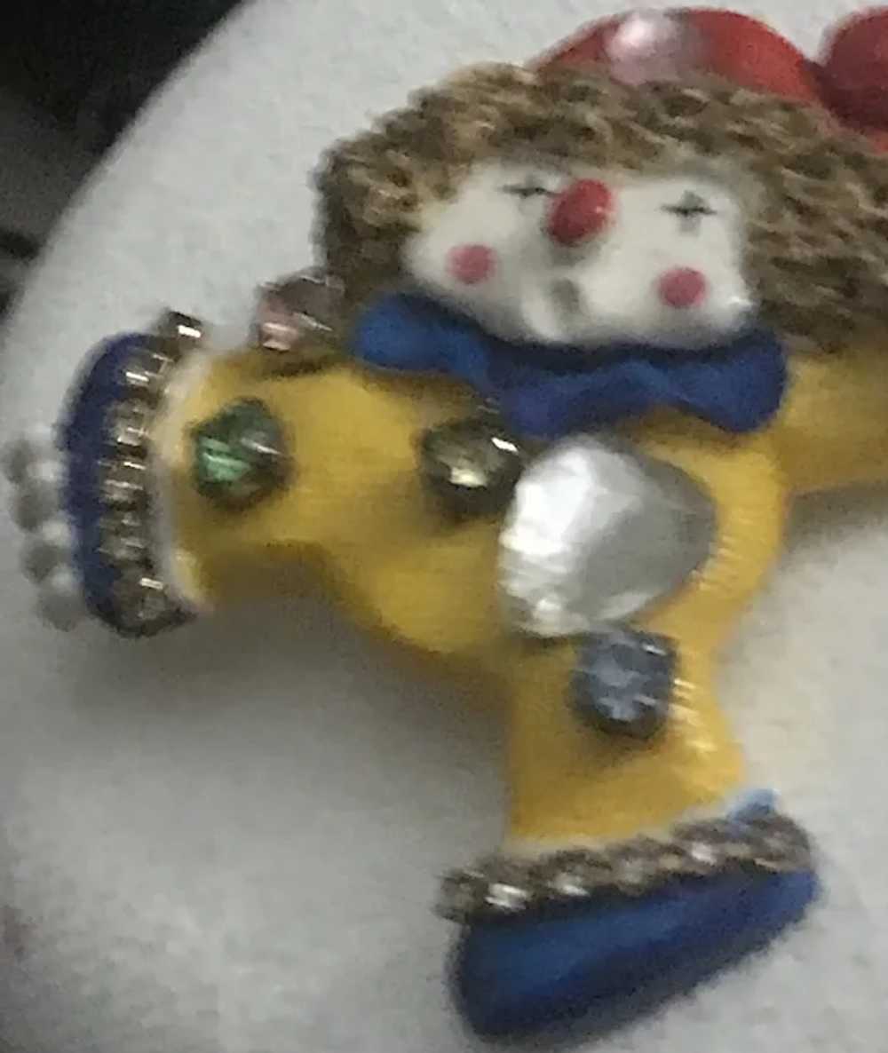 HAND PAINTED Celluloid Rhinestone Clown Brooch/Pin - image 3