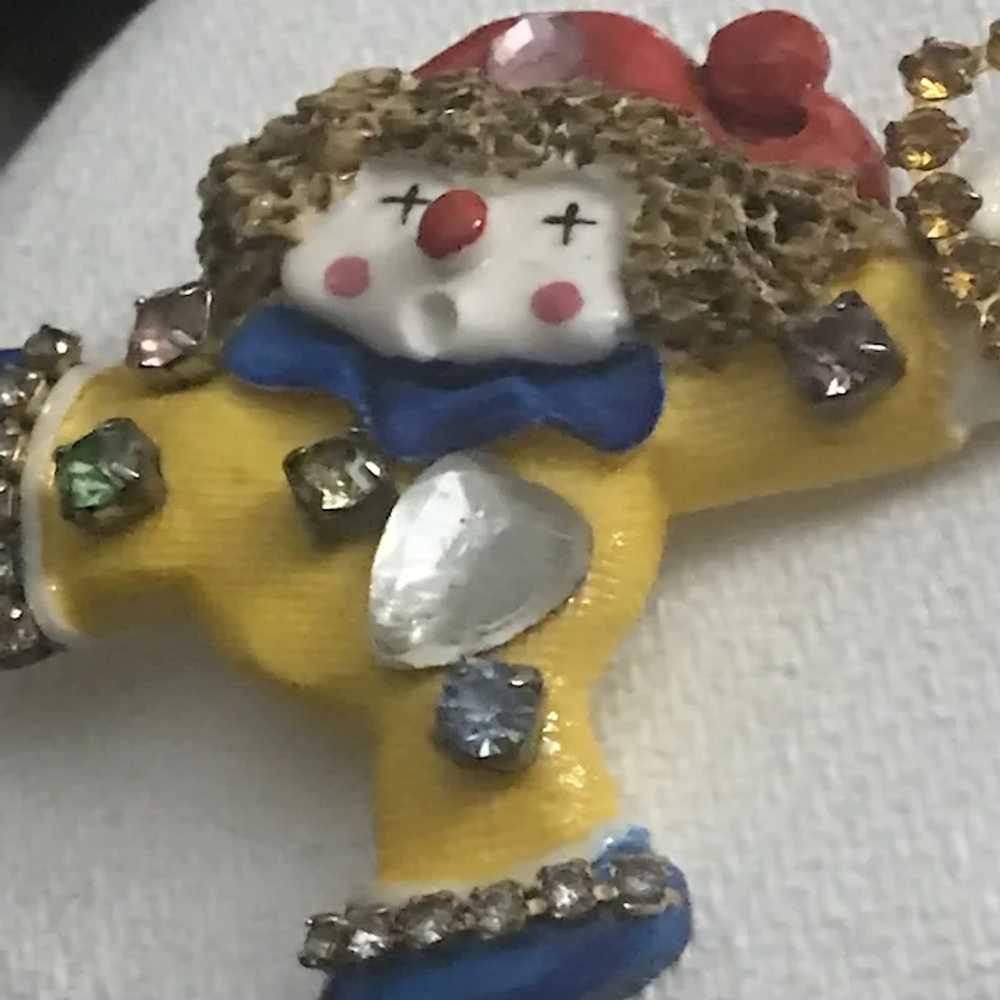 HAND PAINTED Celluloid Rhinestone Clown Brooch/Pin - image 5