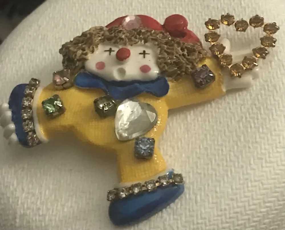 HAND PAINTED Celluloid Rhinestone Clown Brooch/Pin - image 7