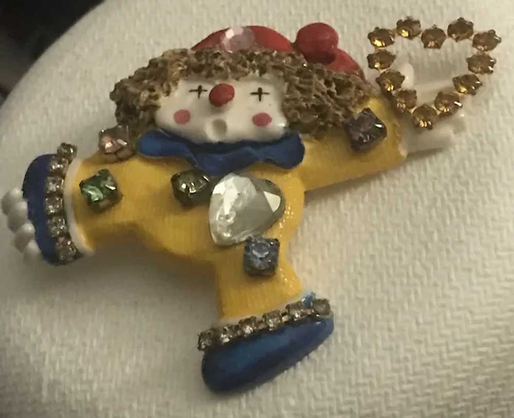 HAND PAINTED Celluloid Rhinestone Clown Brooch/Pin - image 8