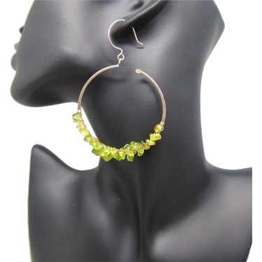 Large Sterling Silver Peridot Wire Wrapped Hoop E… - image 1