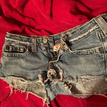 True Religion Joey Low Rise Distressed Denim Shorts