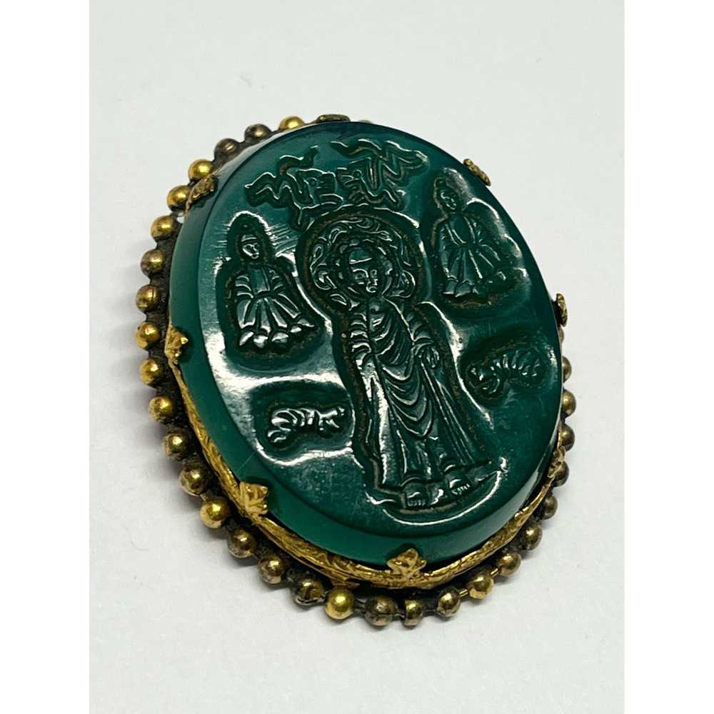 Vintage Estate Green Asian Glass Brooch Pin - image 2
