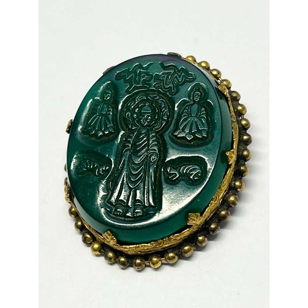 Vintage Estate Green Asian Glass Brooch Pin - image 3