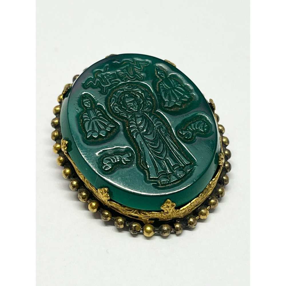 Vintage Estate Green Asian Glass Brooch Pin - image 4