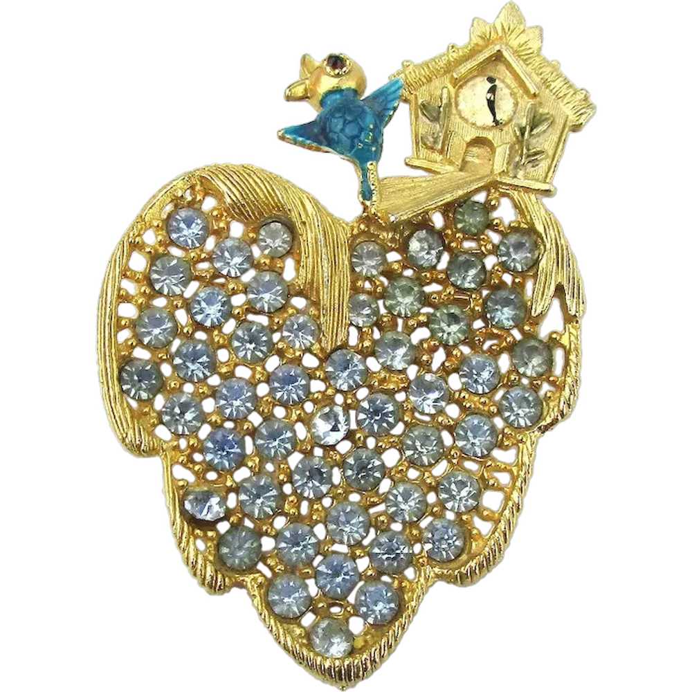 Birdie Clock on a Crystal Rhinestone Leaf Pin Bro… - image 1