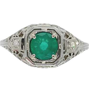18K white gold Filigree Deco .55ct Emerald Ring - image 1