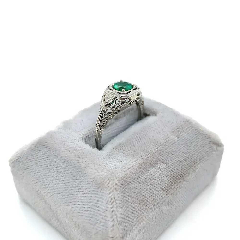 18K white gold Filigree Deco .55ct Emerald Ring - image 4