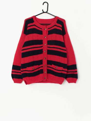 Vintage handknitted striped cardigan in red and na