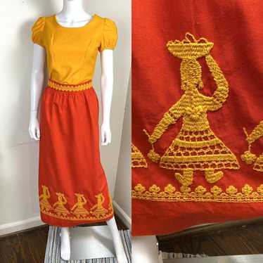 Vintage 70s Lanz Linen Embroidered Folk Skirt Top 