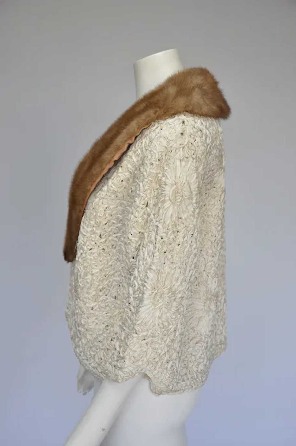 1950s Cream Ribbon Knit Jacket w/ Mink Collar M-XL - image 3