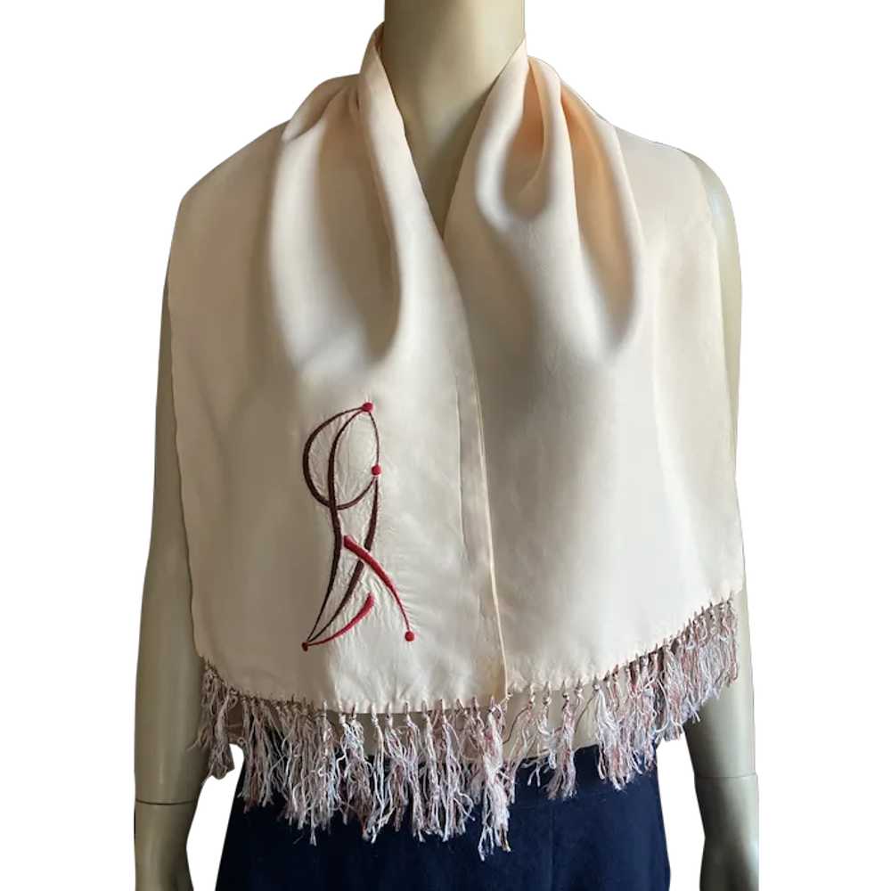 1940's Men's Rayon Cream Scarf / Muffler With Emb… - image 1