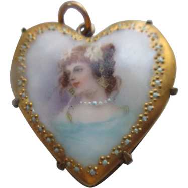 Antique Porcelain Portrait Heart Pendant