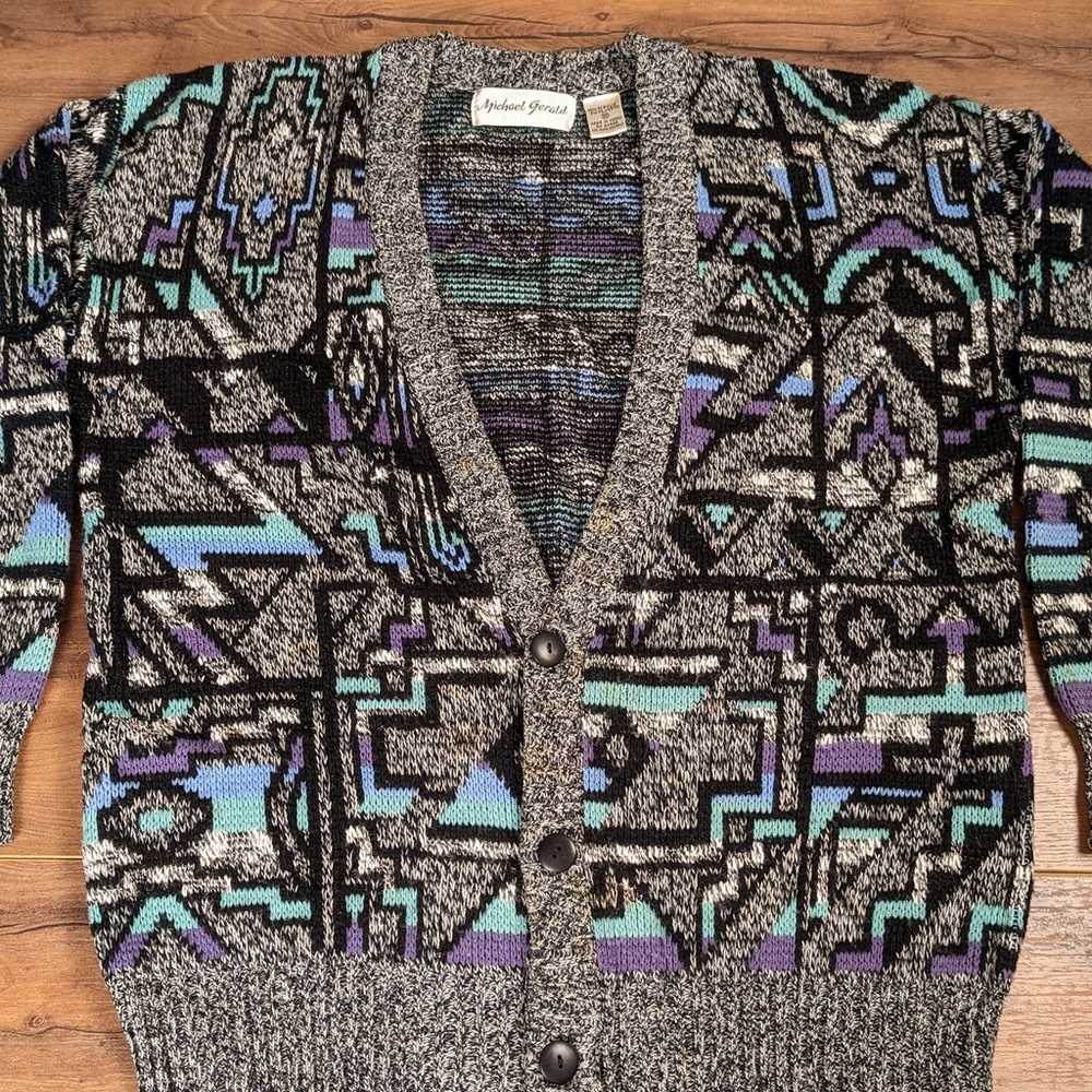 Vintage 80s 90s Tribal Aztec Cardigan Sweater Med… - image 1