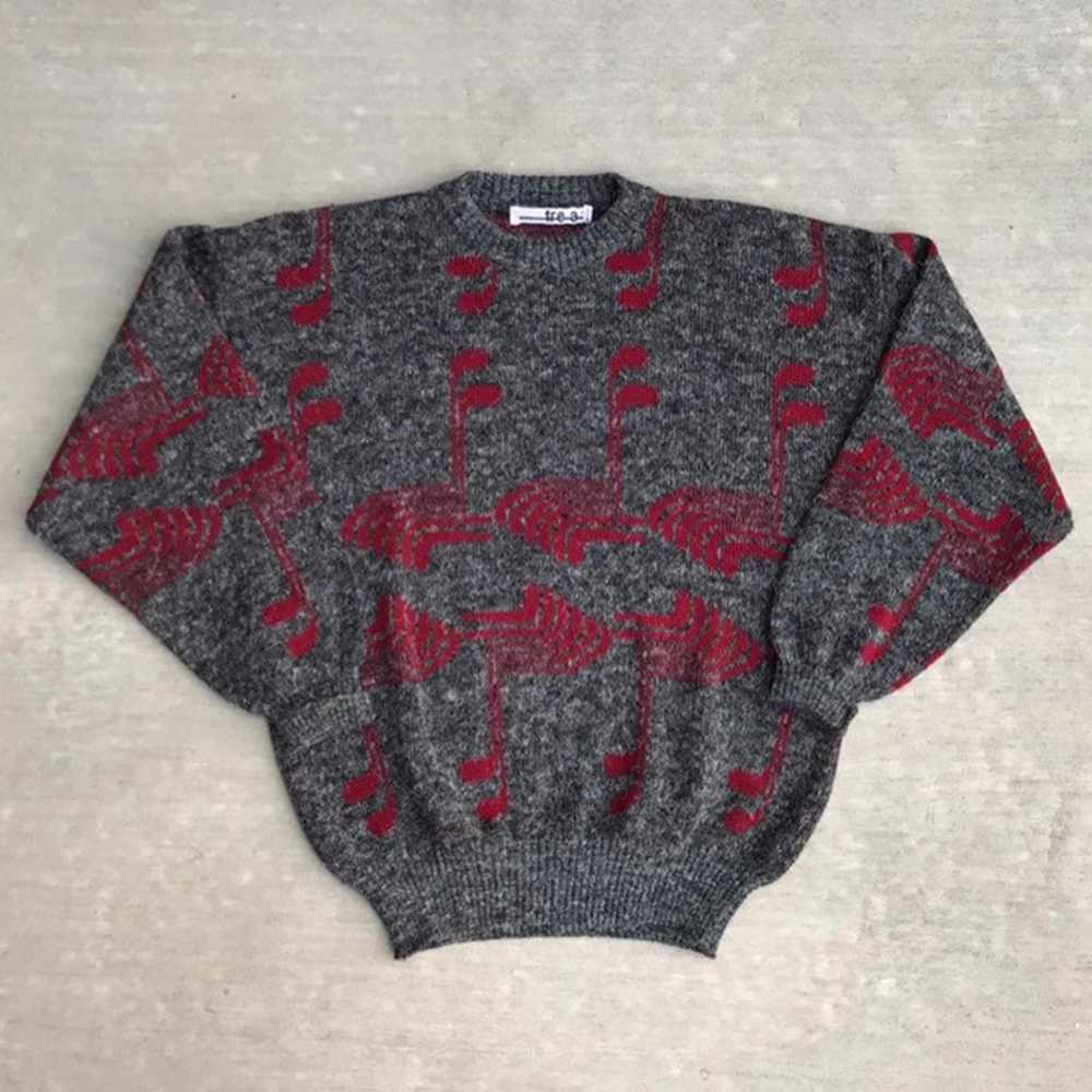 Vintage 1990s 90s Wool Blend Gray / Red Sweater M… - image 1