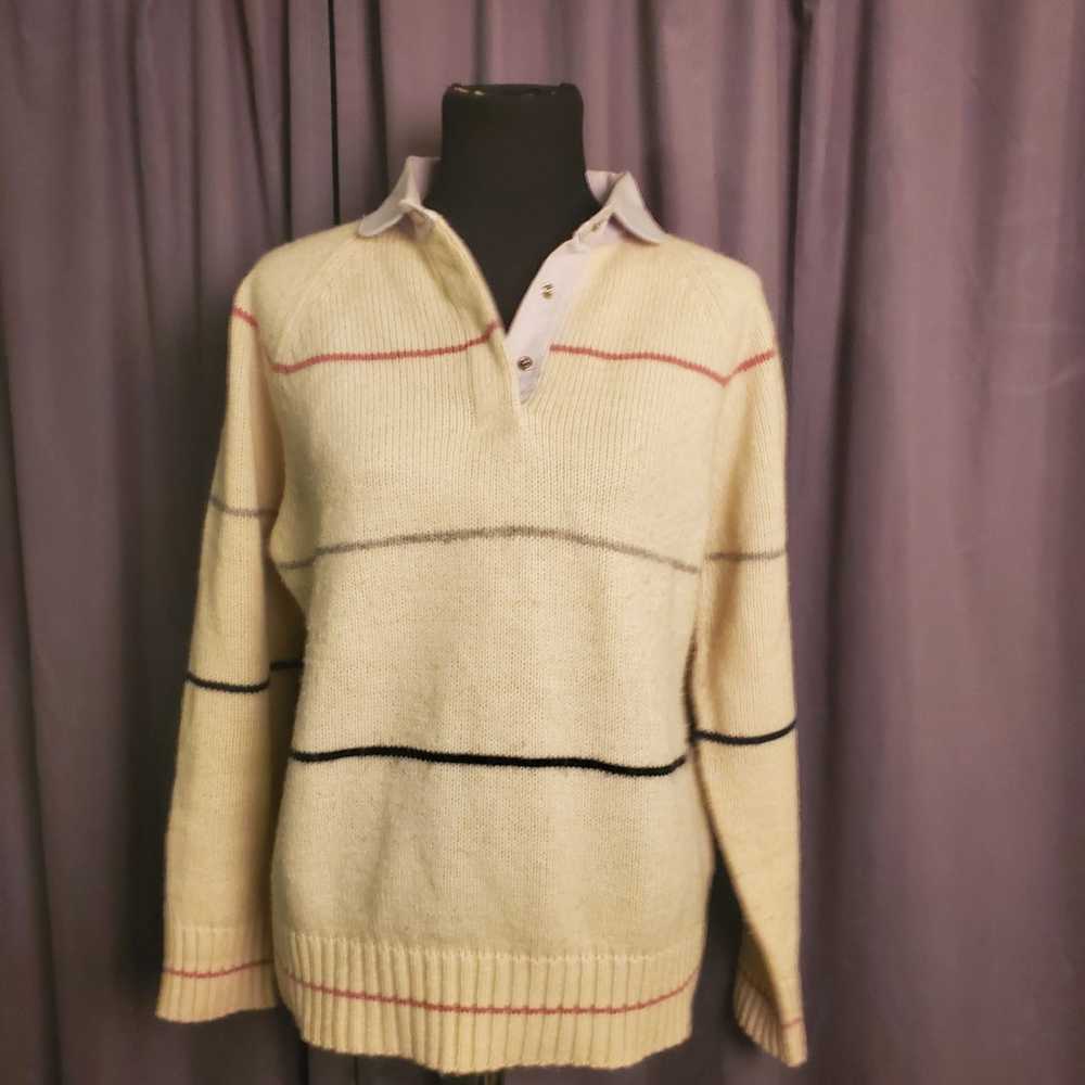 Vintage Collared Cream Colored Striped Wool Blend… - image 1