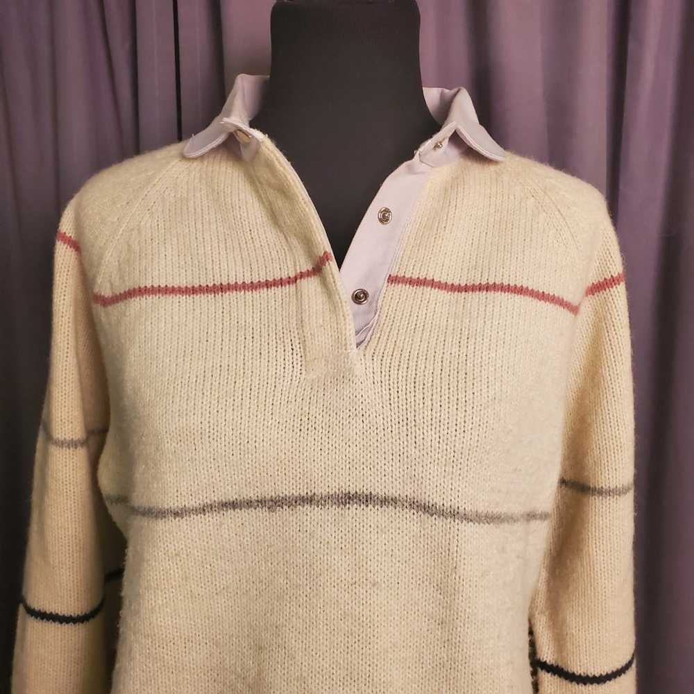 Vintage Collared Cream Colored Striped Wool Blend… - image 2
