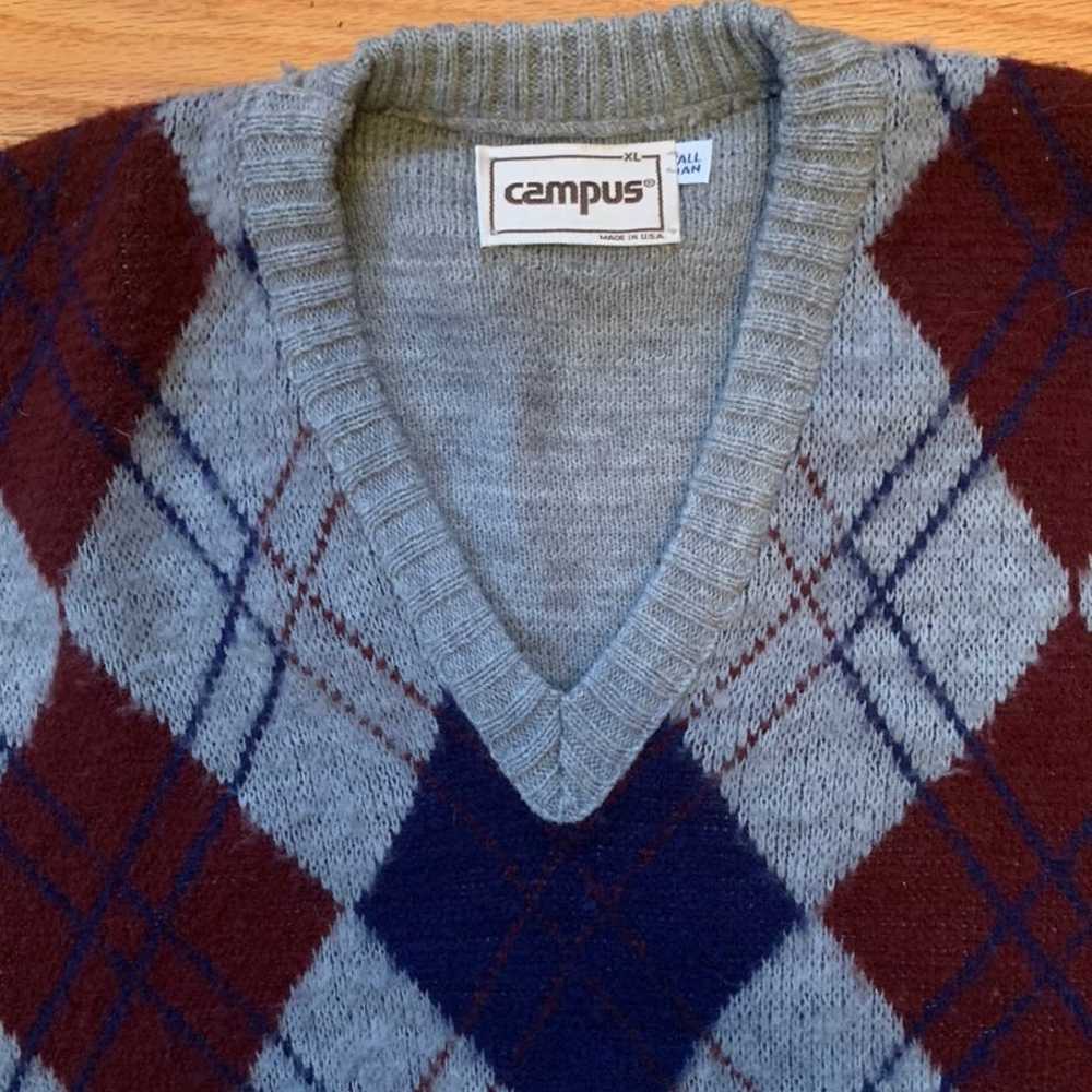 Vintage CAMPUS Argyle V-Neck Sweater XL - image 2