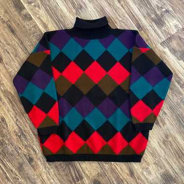 Vintage 1990s Colorful Argyle Turtleneck Sweater
