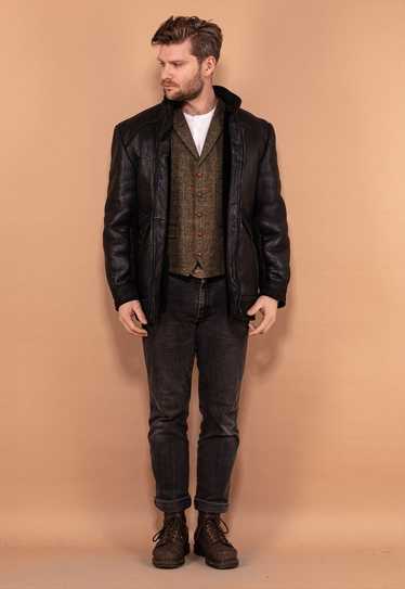 Vintage 90's Men Sheepskin Leather Coat in Black - image 1